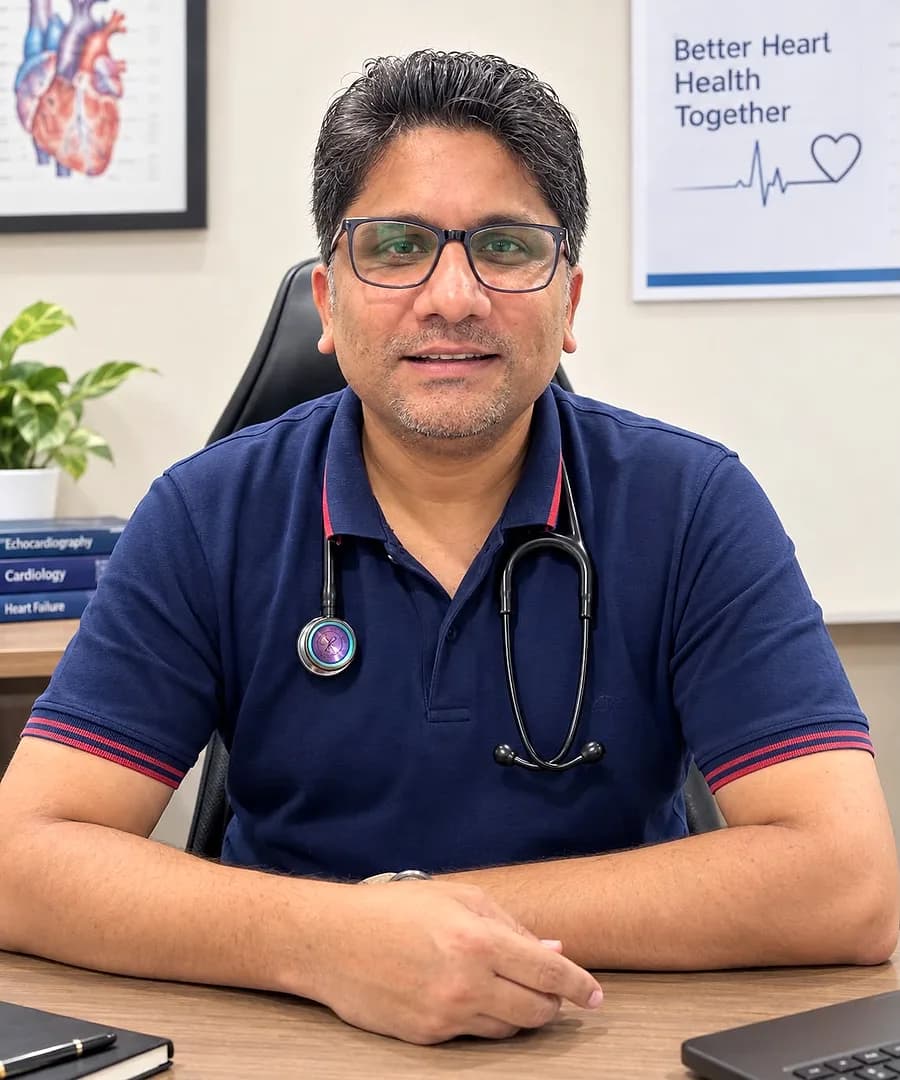 Dr. Zeeshan Shoukat at his desk, wearing a stethoscope